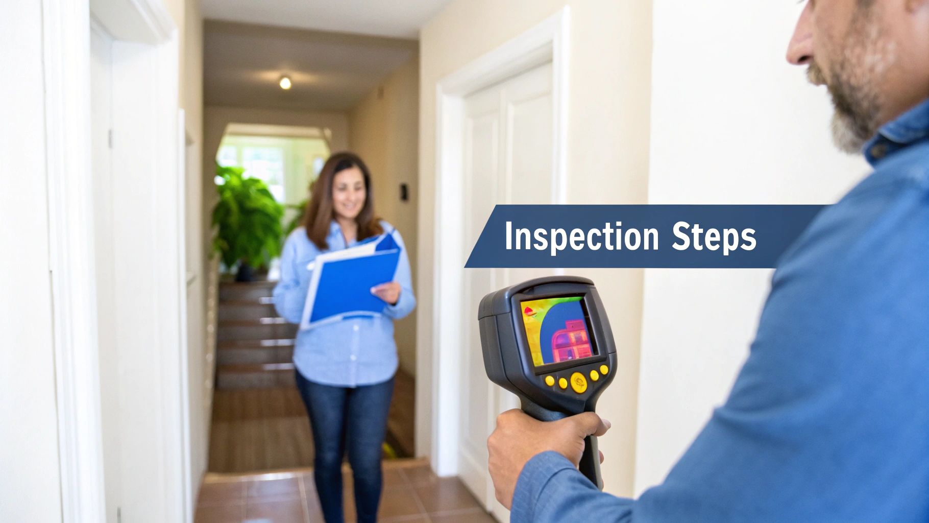 A man uses a thermal imaging camera to inspect a wall, showing thermal patterns, with a woman in the blurred background.