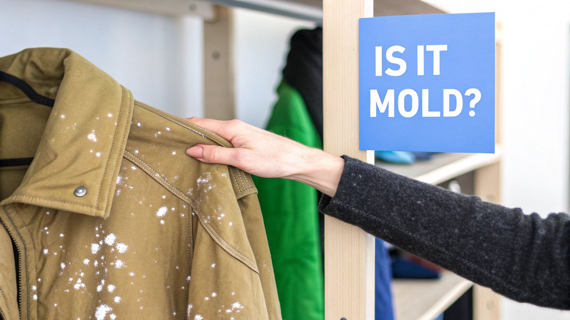 Person inspecting tan jacket with white mold spots next to sign asking is it mold