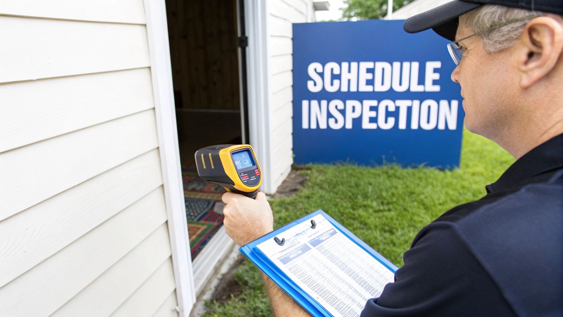 A home inspector uses a thermal camera and clipboard during a property inspection, with a 'Schedule Inspection' sign visible.