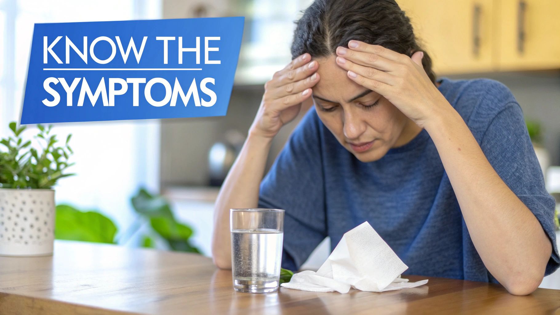 A distressed woman with hands on her head, a glass of water, and tissues, with "KNOW THE SYMPTOMS" text.