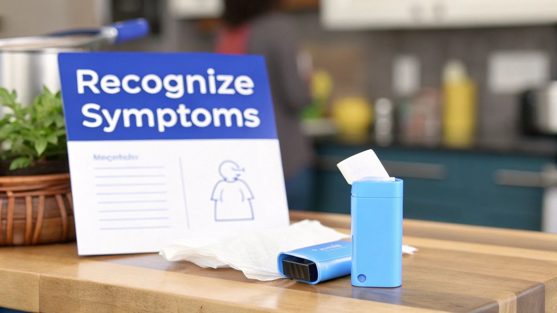 A 'Recognize Symptoms' sign next to a blue tissue dispenser and a portable device on a wooden surface.