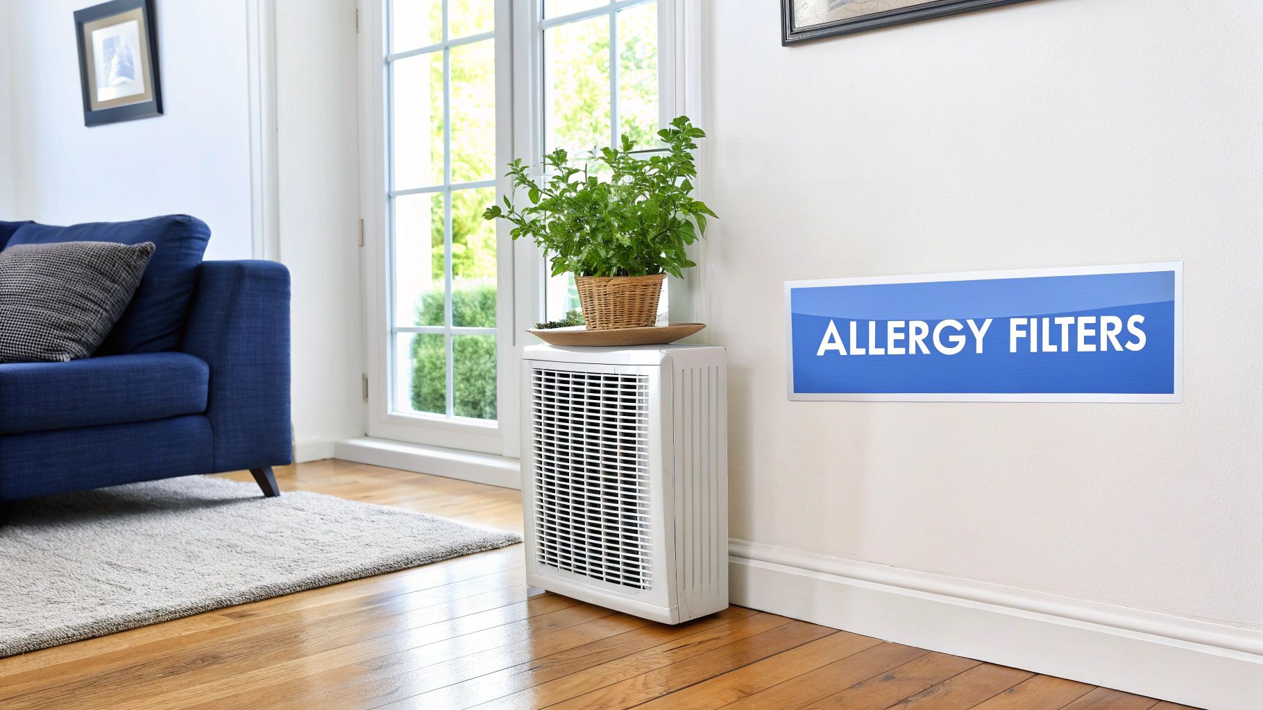 A white air purifier with a plant on top in a living room with a blue couch and an 'ALLERGY FILTERS' sign.