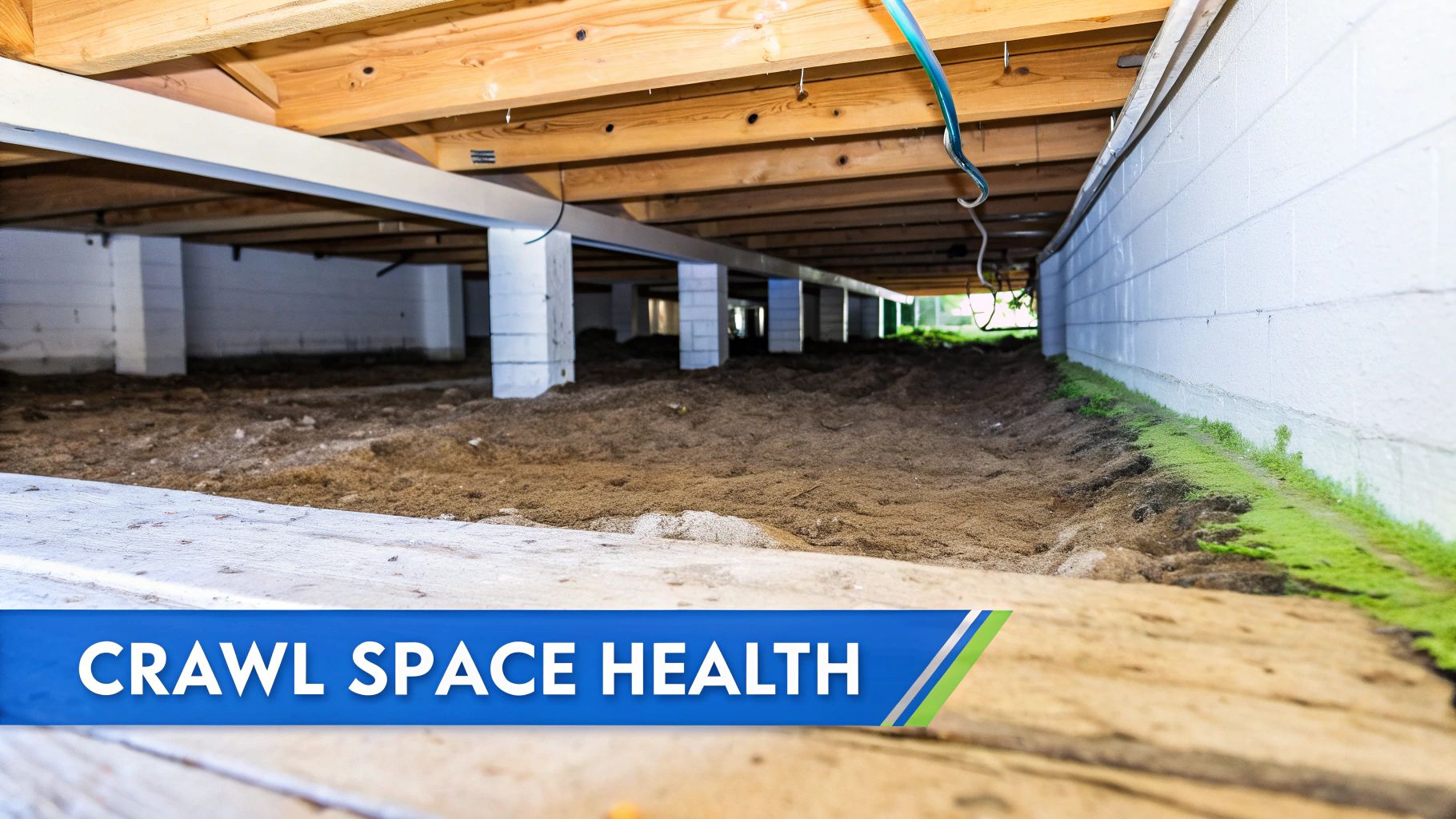 A clean and encapsulated crawl space with white vapor barrier and dehumidifier