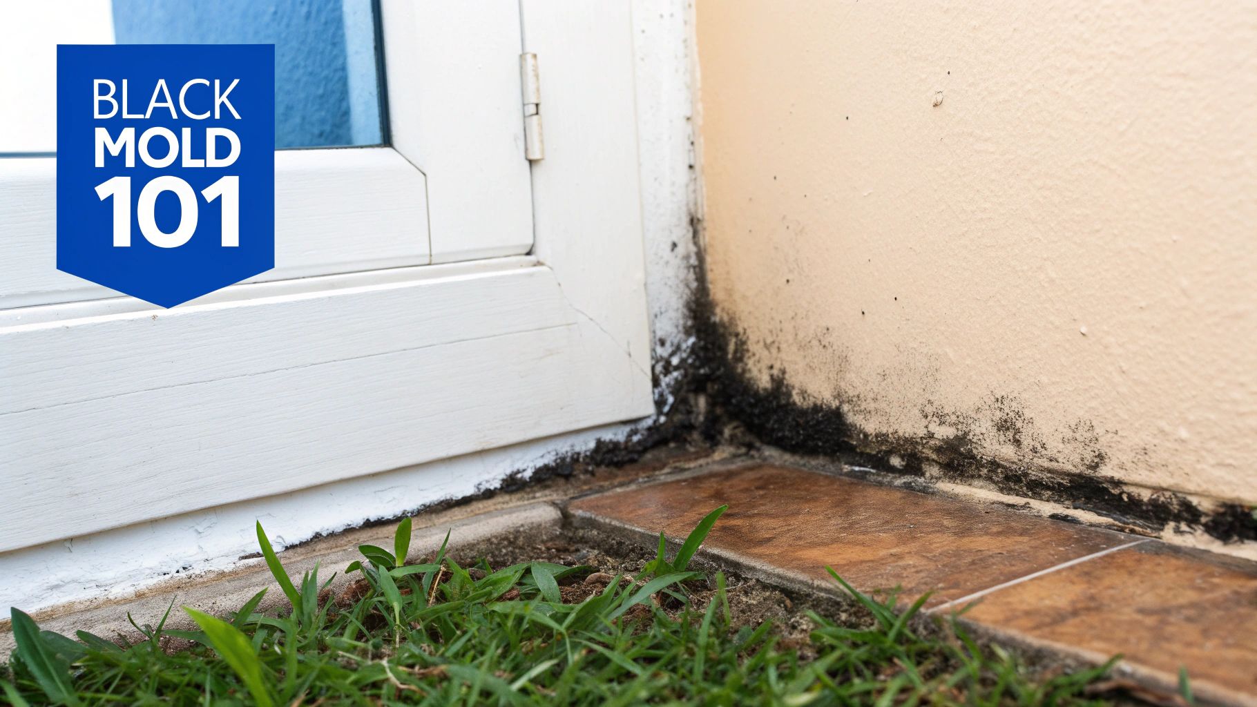 Severe black mold growth on an outdoor wall and white window frame, extending to the tiled ground and grass.