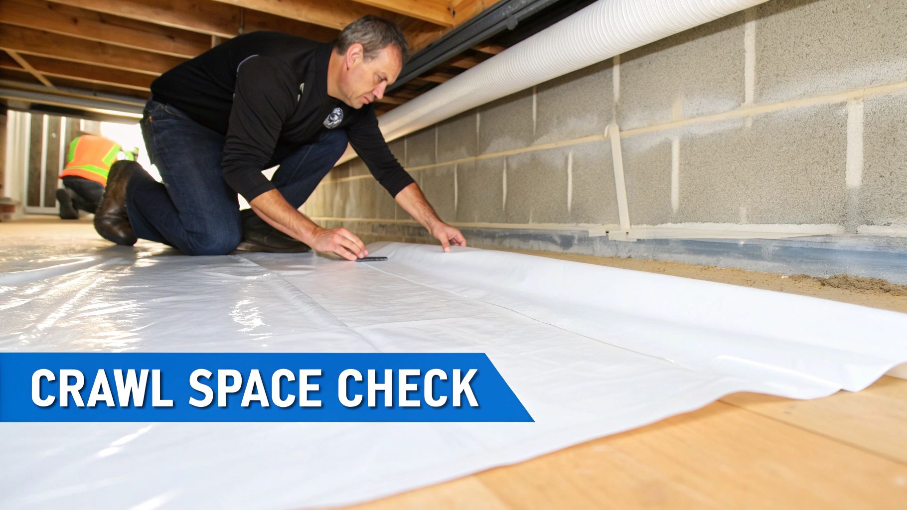A man kneels in a crawl space, installing a white vapor barrier as part of a home inspection.