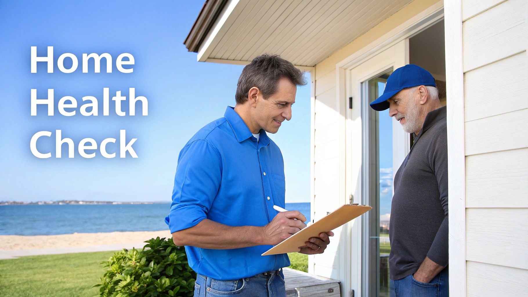 A smiling technician with a clipboard discusses a home health check with a homeowner at his door.