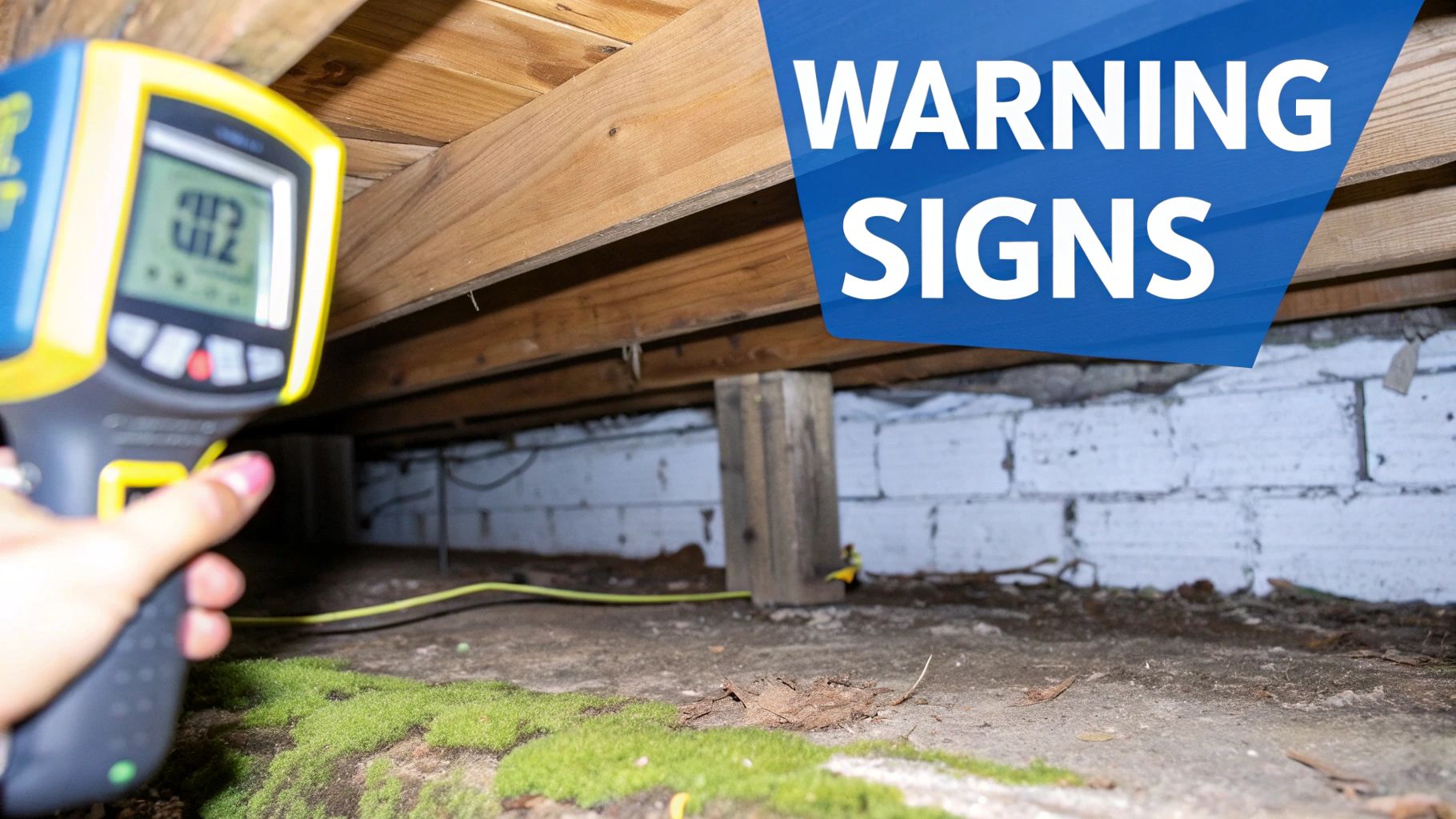 Visible mold and moisture damage on wooden floor joists in a crawl space.