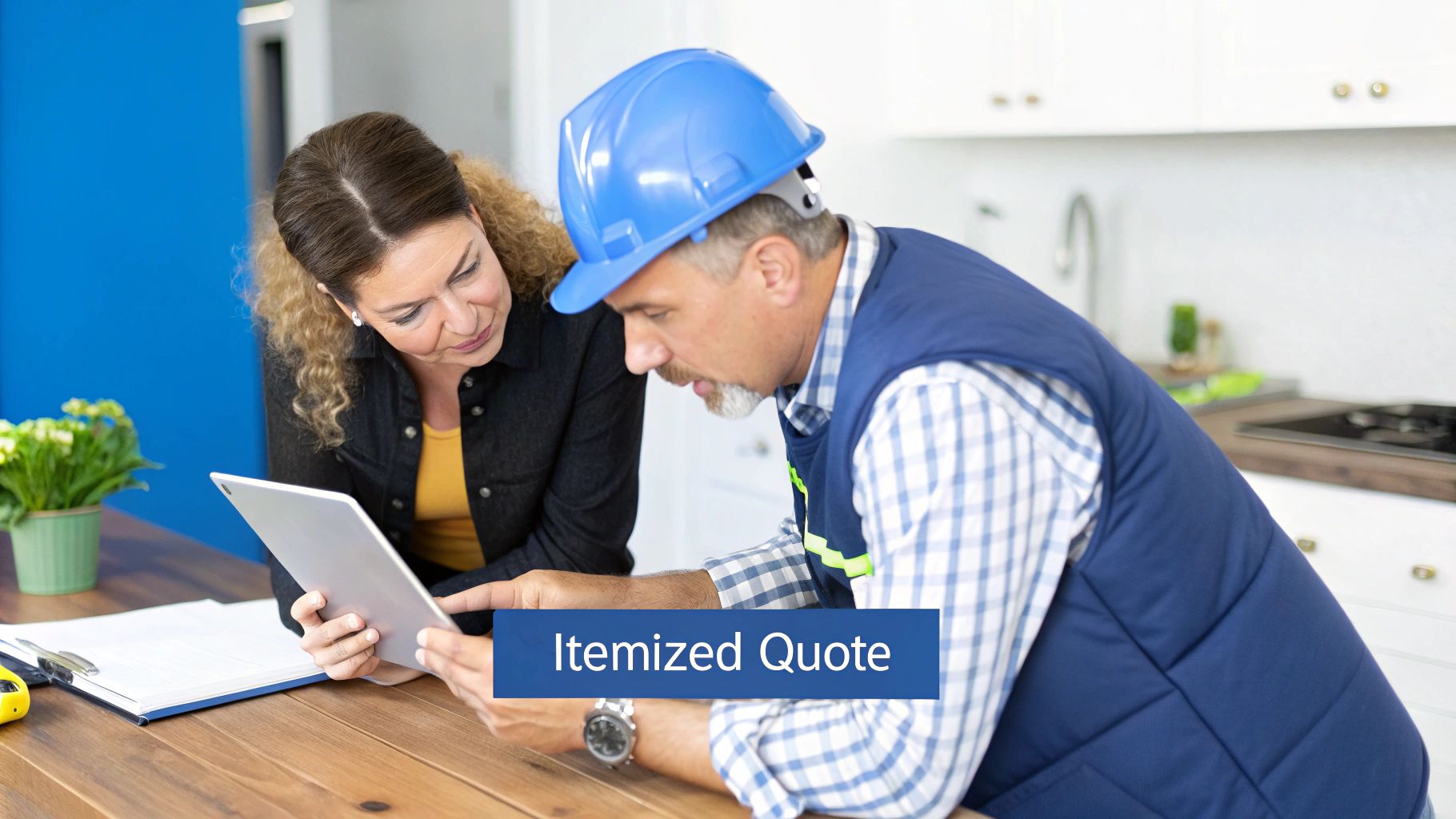 An inspector providing a detailed, itemized quote to a homeowner on a tablet.