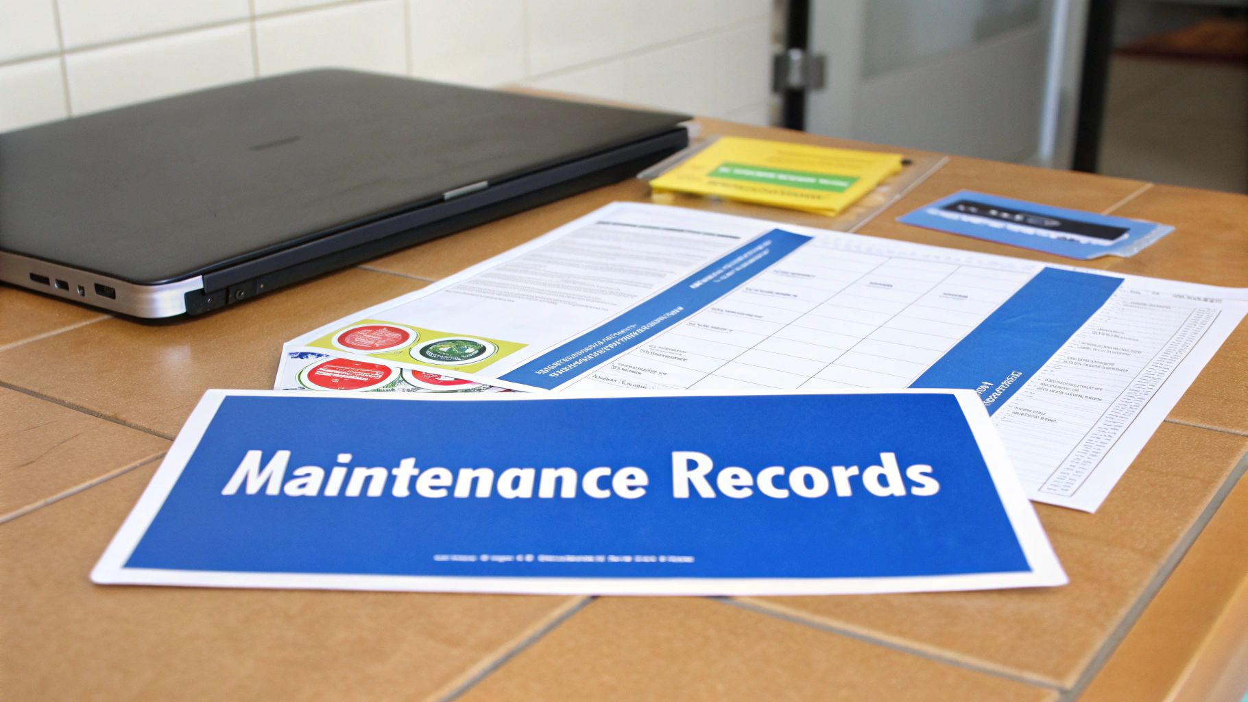 A blue 'Maintenance Records' sign rests on a table alongside a laptop and various documents.