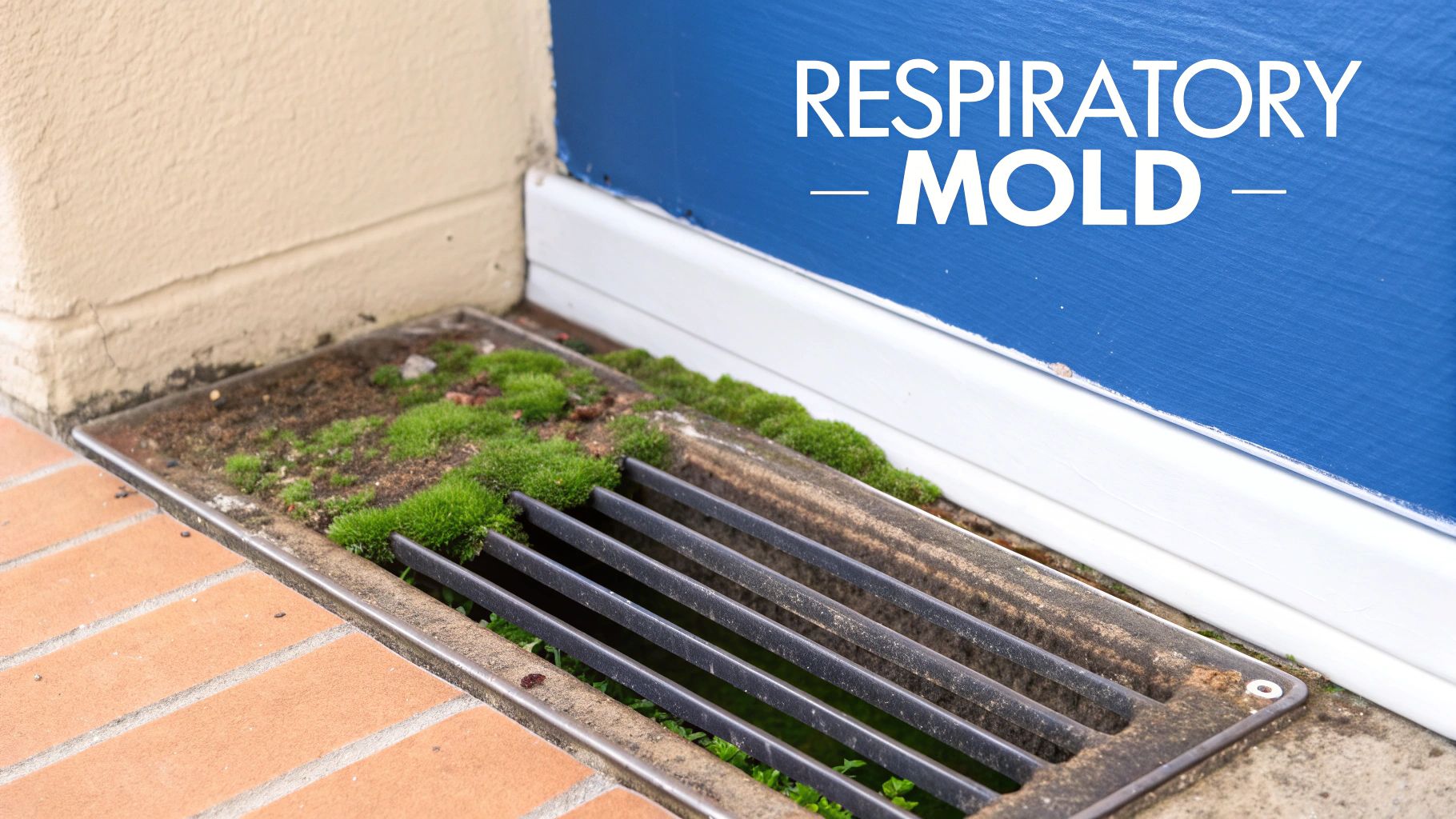 Outdoor drain with green moss and dirt near a house wall, featuring 'RESPIRATORY MOLD' text.