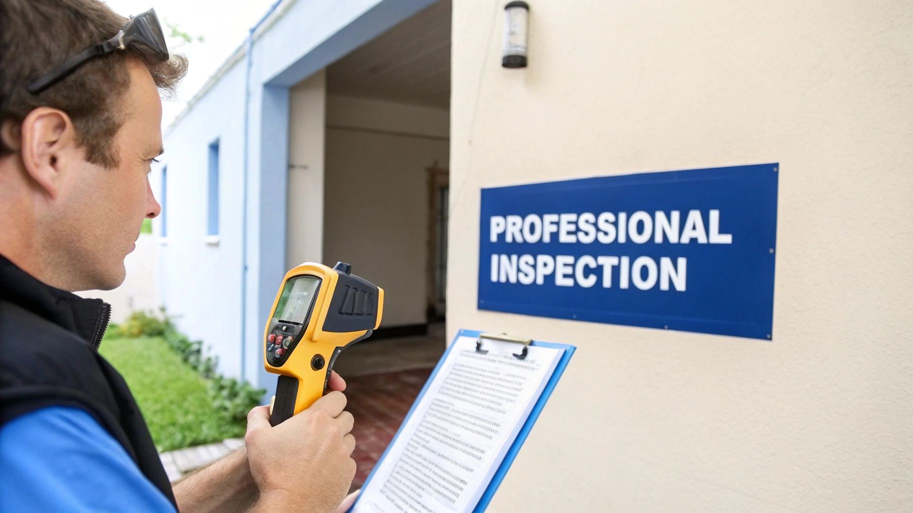 A professional inspector uses a thermal camera and clipboard to examine a building with an 'Inspection' sign.