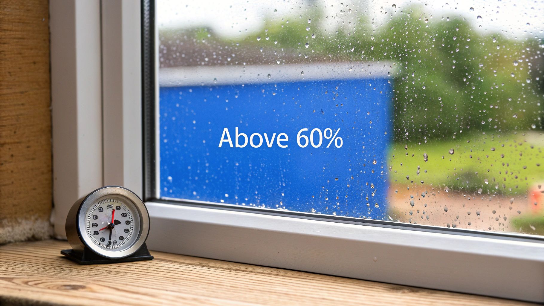 Raindrops on a window with 'Above 60%' text, and a small clock on a wooden sill.