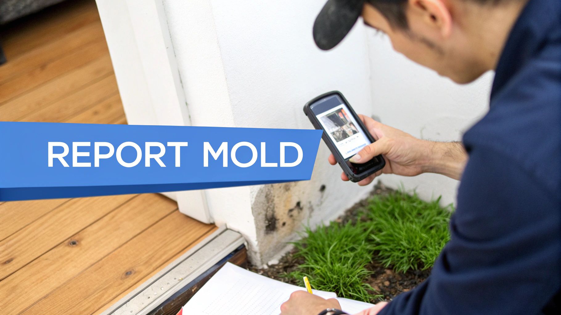 A person inspecting mold on a wall with a smartphone and taking notes, emphasizing the need to report mold.