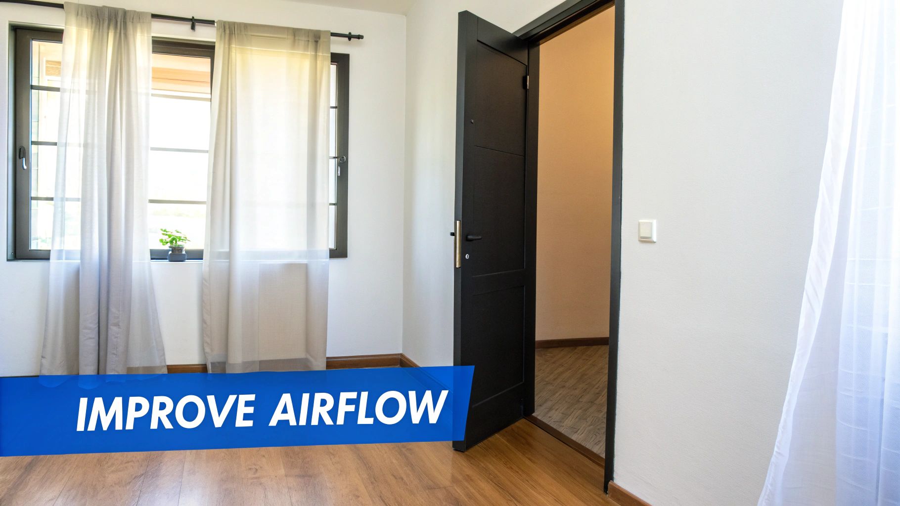 A bright room with an open window and door, enhancing ventilation and promoting fresh airflow.