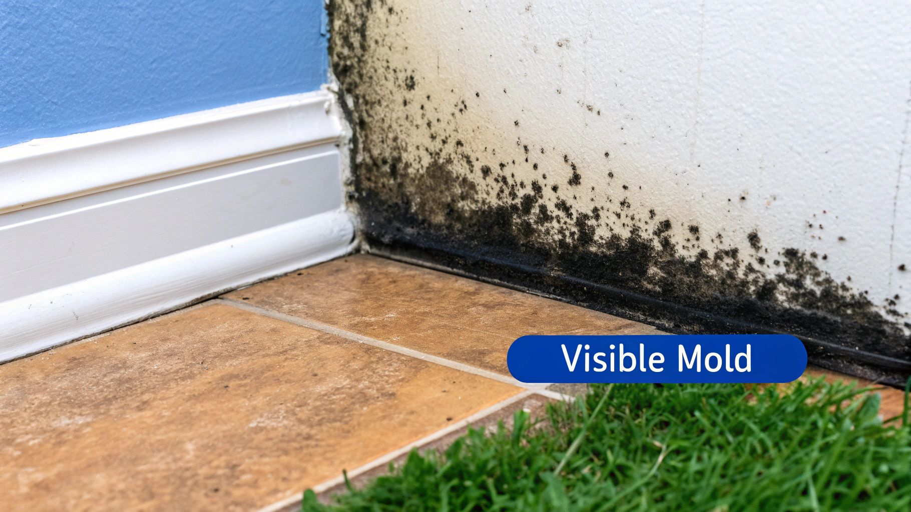 Extensive black mold stains a white wall and baseboard in a house corner, next to a blue wall.