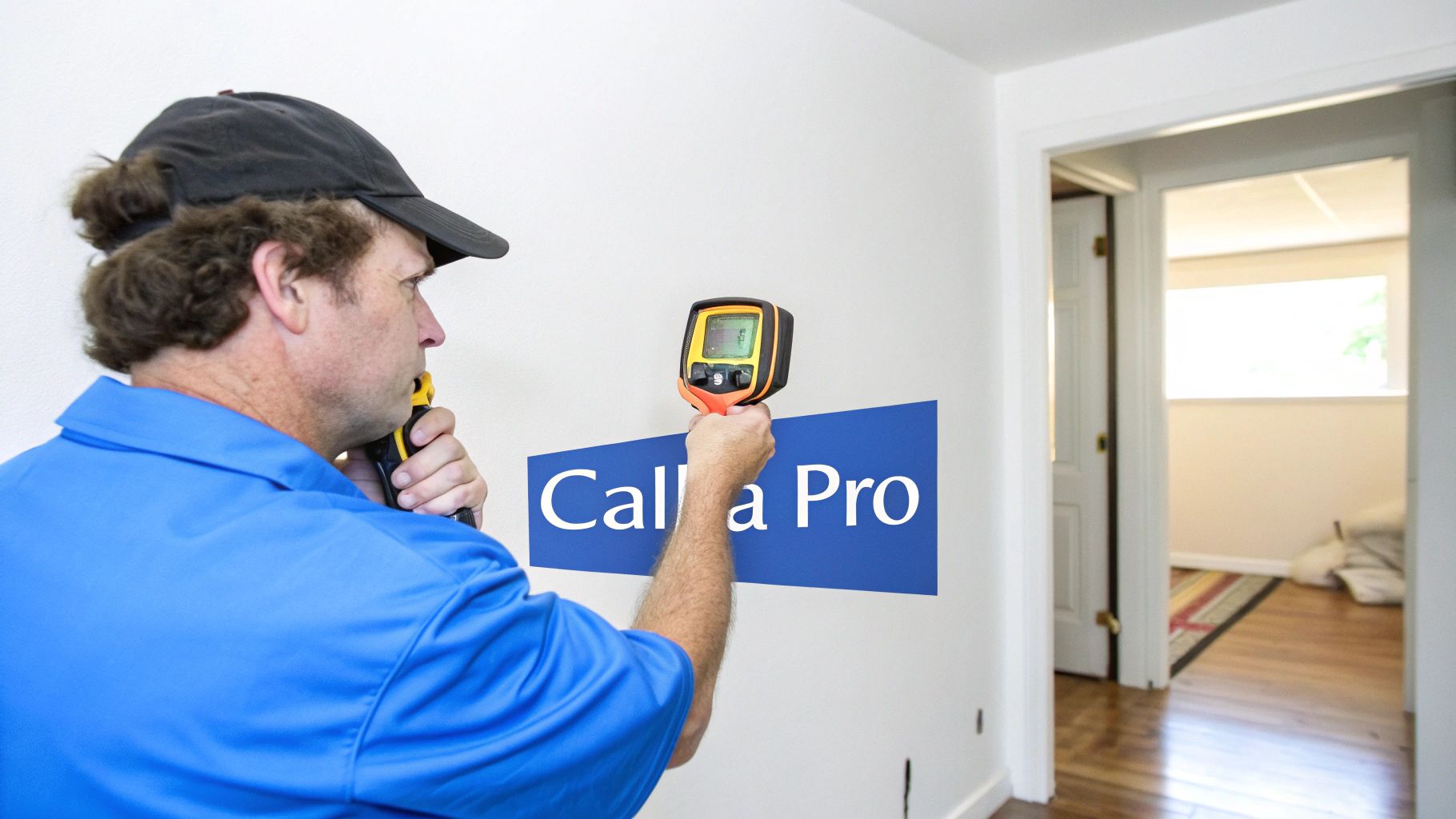 A professional inspector uses a thermal camera and another tool on a wall with a 'Call a Pro' sign.