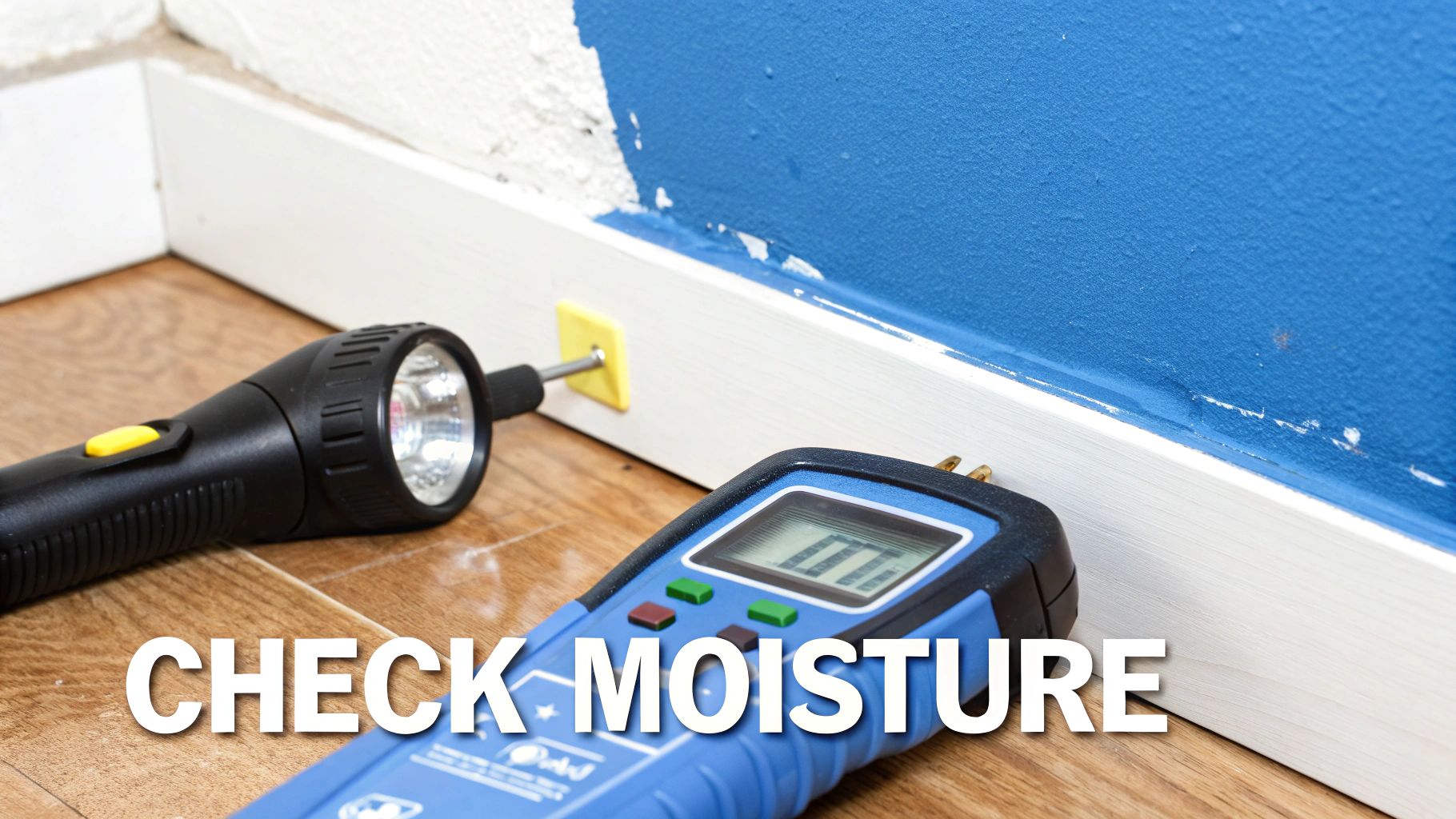 A person using a moisture meter on a wall to detect hidden water damage.