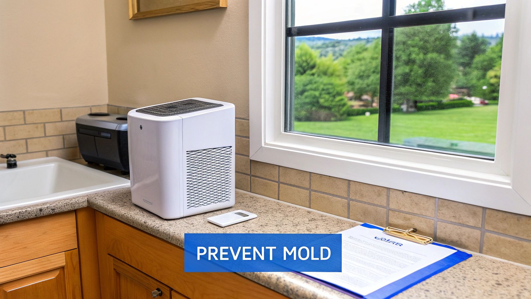 White dehumidifier on a kitchen counter next to a sink, with 'PREVENT MOLD' text highlighting its function.
