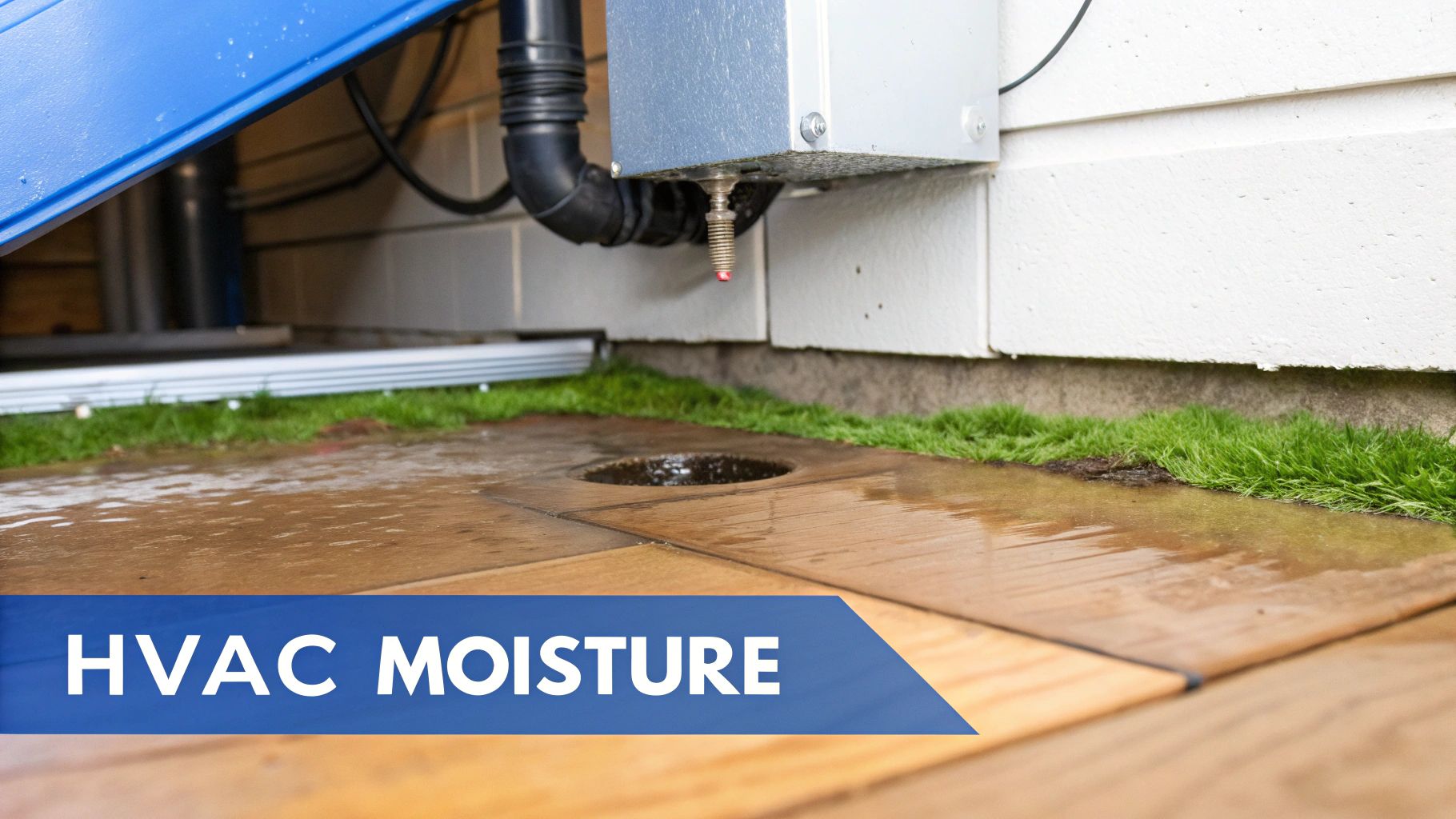 An outdoor HVAC unit dripping water onto a wooden deck with a drain, showcasing moisture problems.