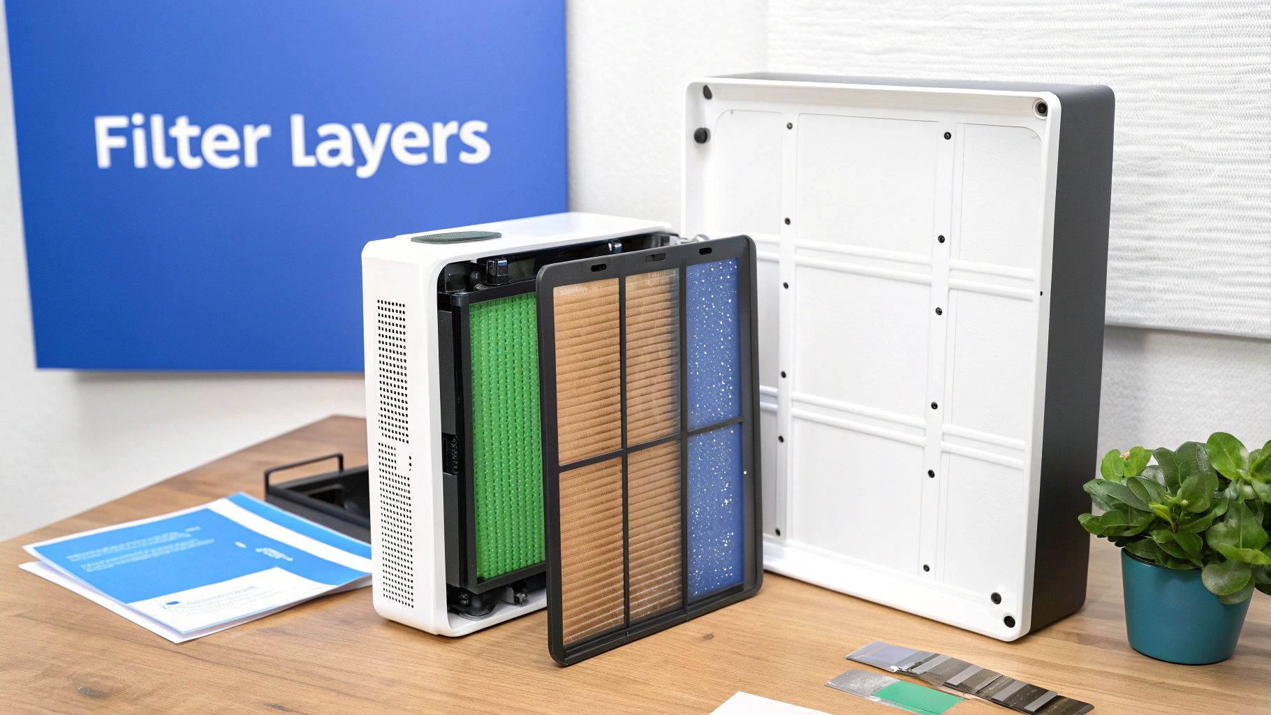 Multi-layered air purifier filters, including green, brown, and blue, are shown for air cleaning.
