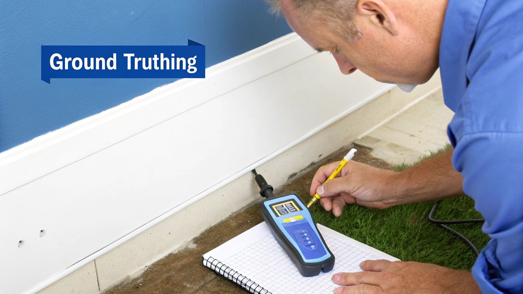 A professional inspects a wall for ground truthing with a handheld device and takes notes.