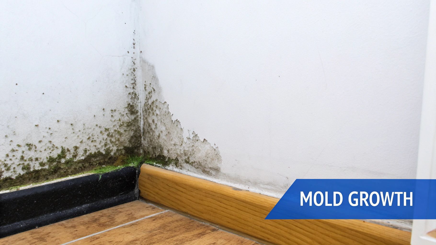 Extensive mold and mildew growth on a white wall corner above dark and wooden baseboards, indicating water damage.
