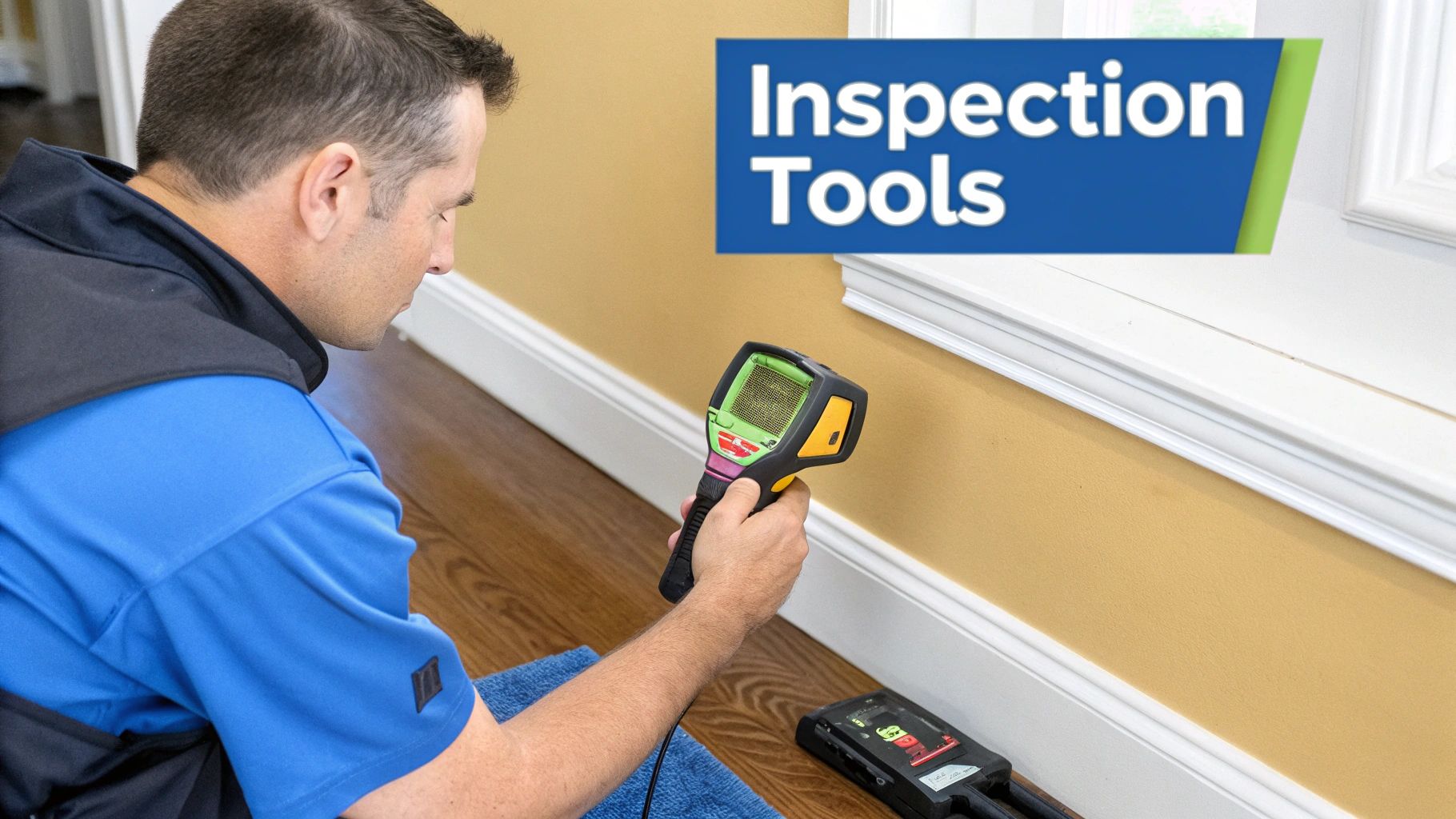 A man in a blue shirt inspects a house wall near the baseboard with a thermal imaging tool, performing a home inspection.