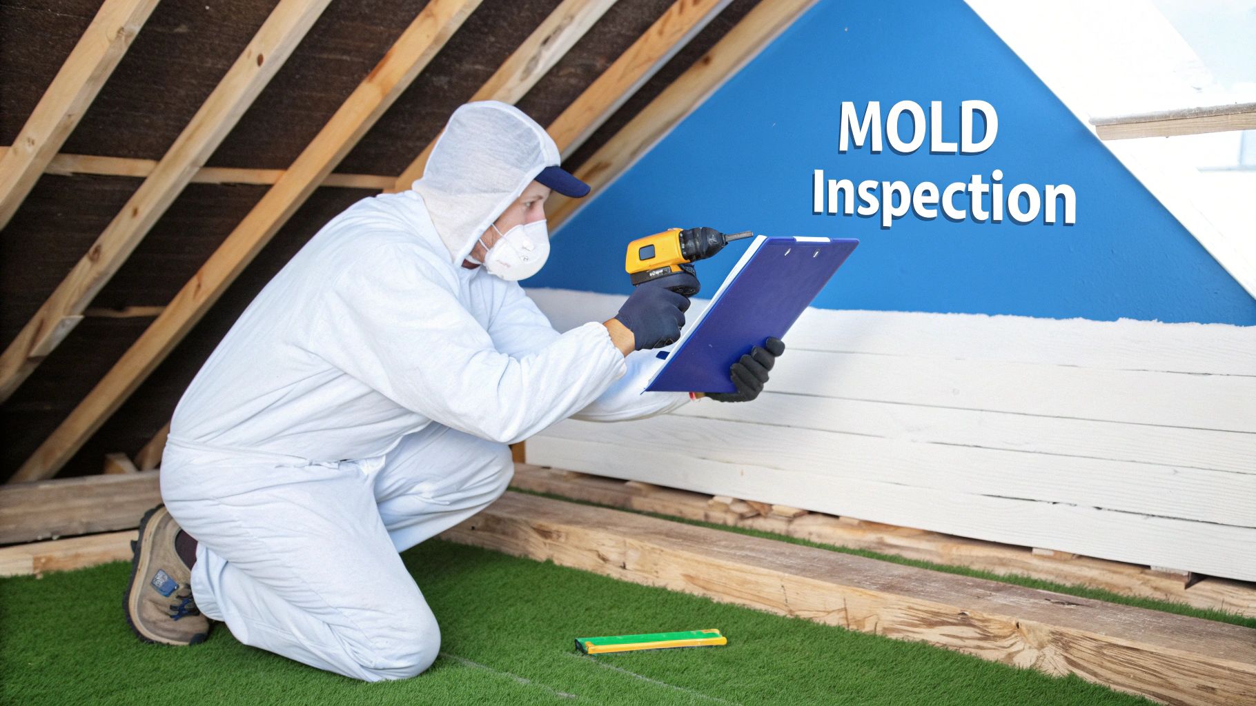 A person in a protective suit and mask inspecting an attic for mold with a drill and clipboard.