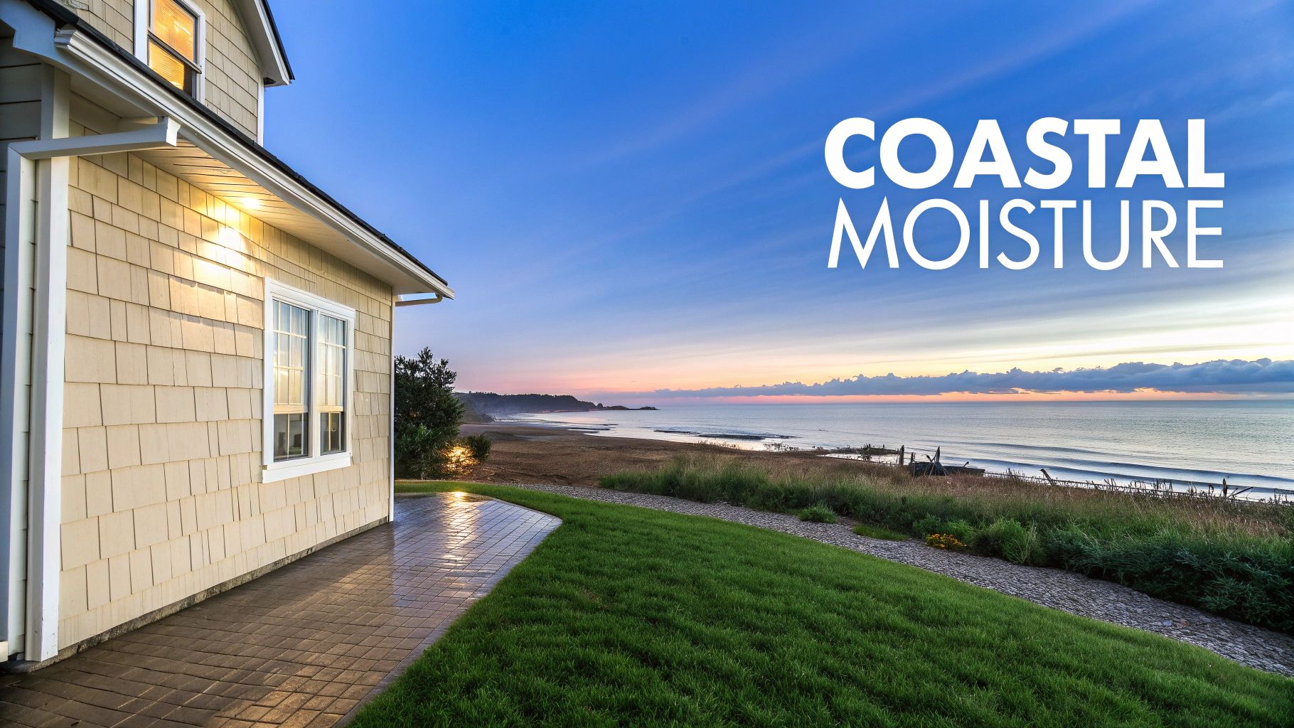 A coastal home with light siding and a paved patio overlooks the ocean at sunset.
