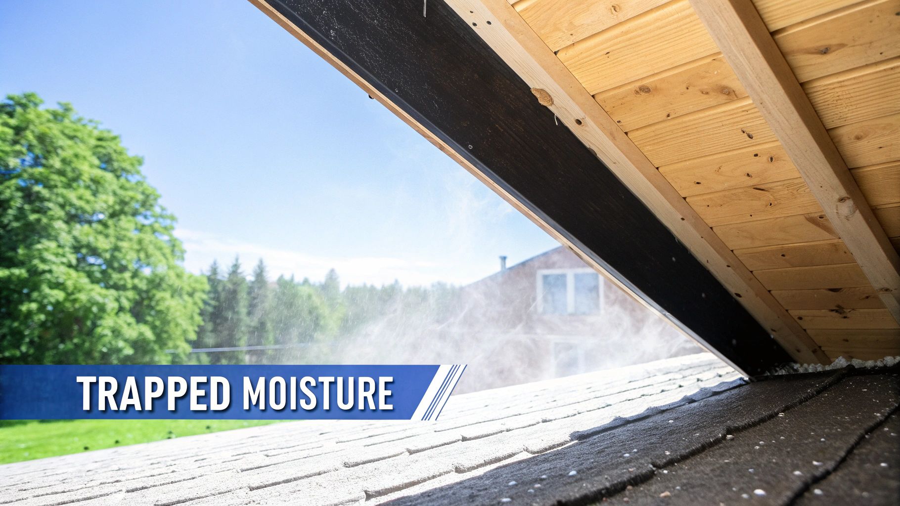 Moisture vapor rising from a dark roof under an attic vent, labeled 'TRAPPED MOISTURE'.