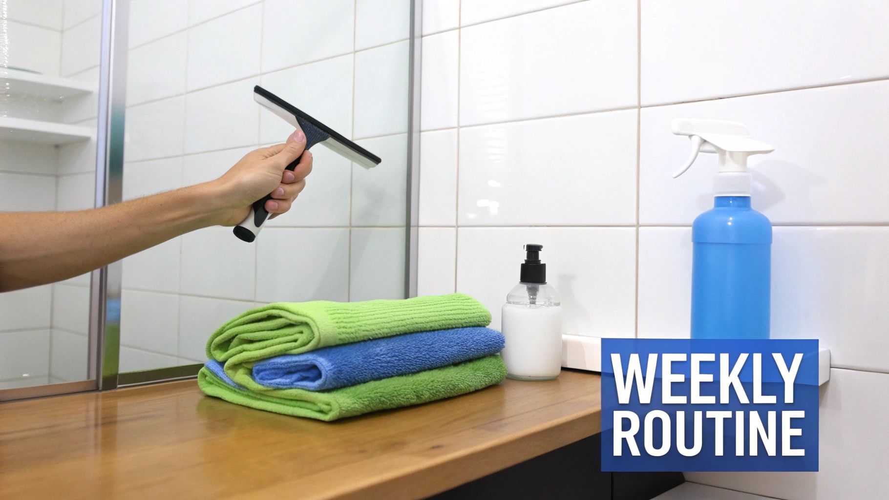 A hand uses a squeegee to clean a shower door, with towels and cleaning bottles on a counter.