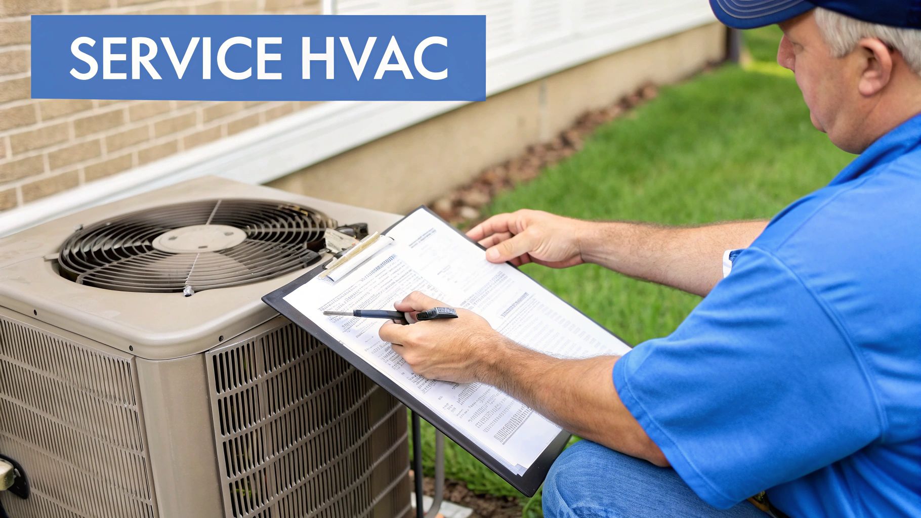 An HVAC technician in a blue shirt inspects an outdoor air conditioning unit, taking notes on a clipboard.