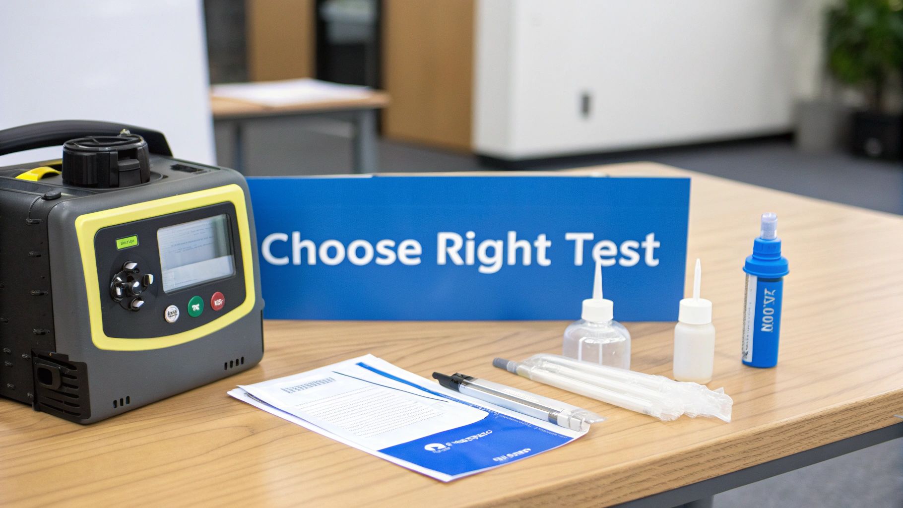 Indoor air quality testing equipment, including a device, supplies, and a 'Choose Right Test' sign.
