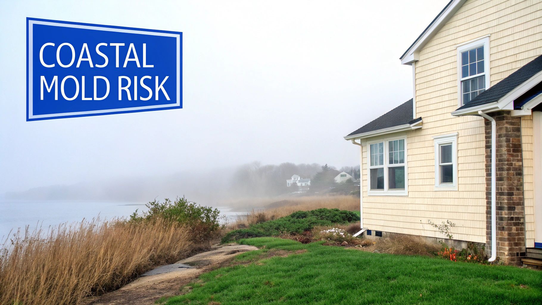 A beige house stands near a misty coastline with a blue "Coastal Mold Risk" sign in the sky.