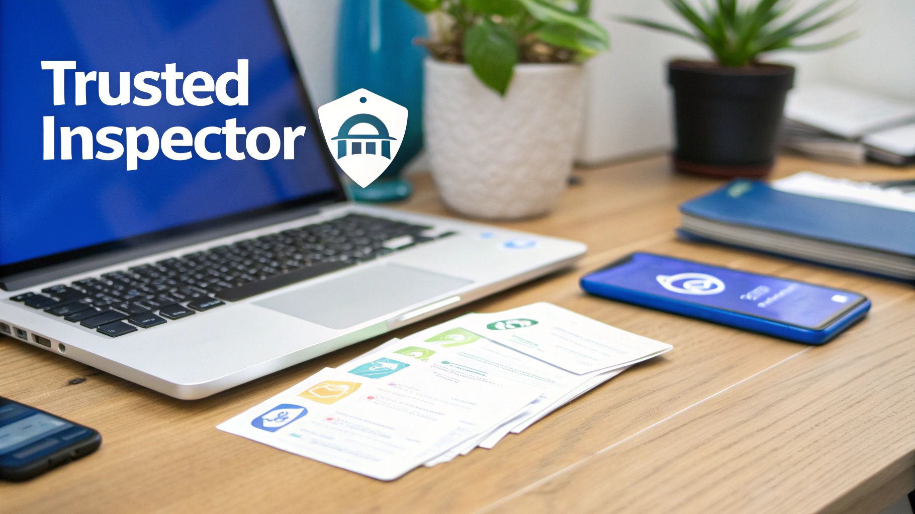 Trusted Inspector branding on laptop screen with inspection documents and smartphone on wooden desk