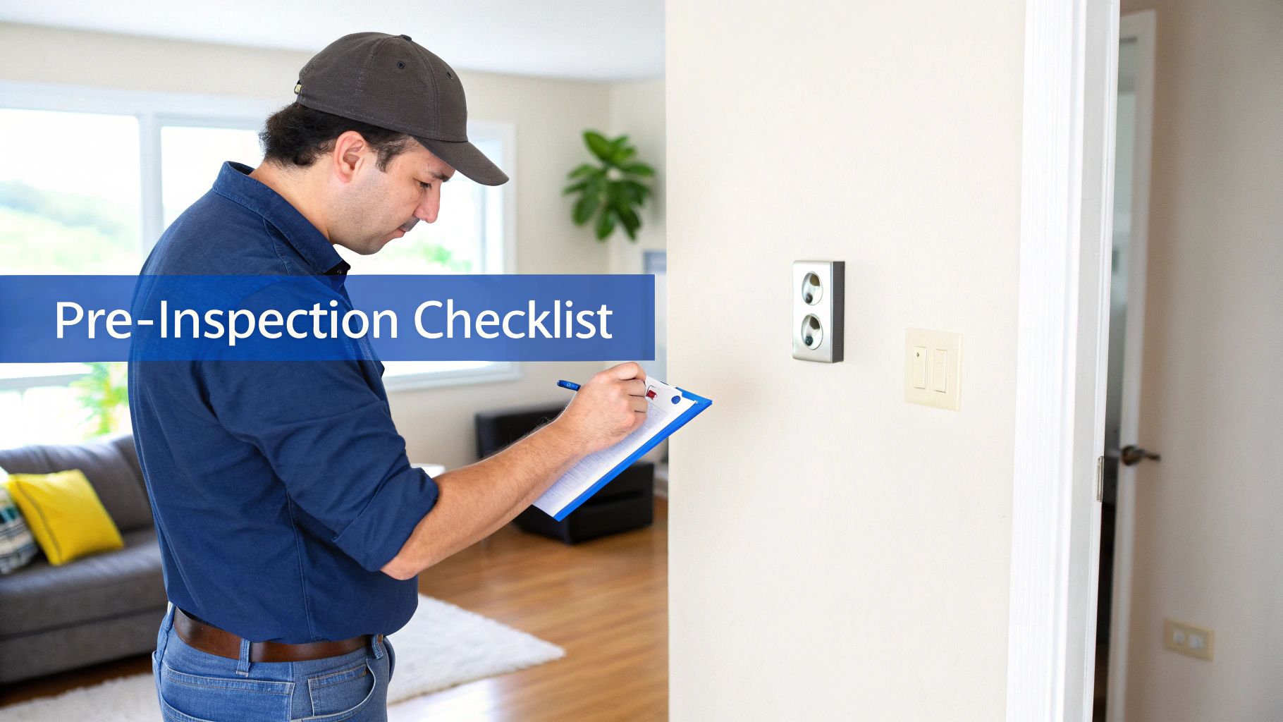 A man in a cap and blue shirt writes on a clipboard, performing a pre-inspection checklist inside a home.