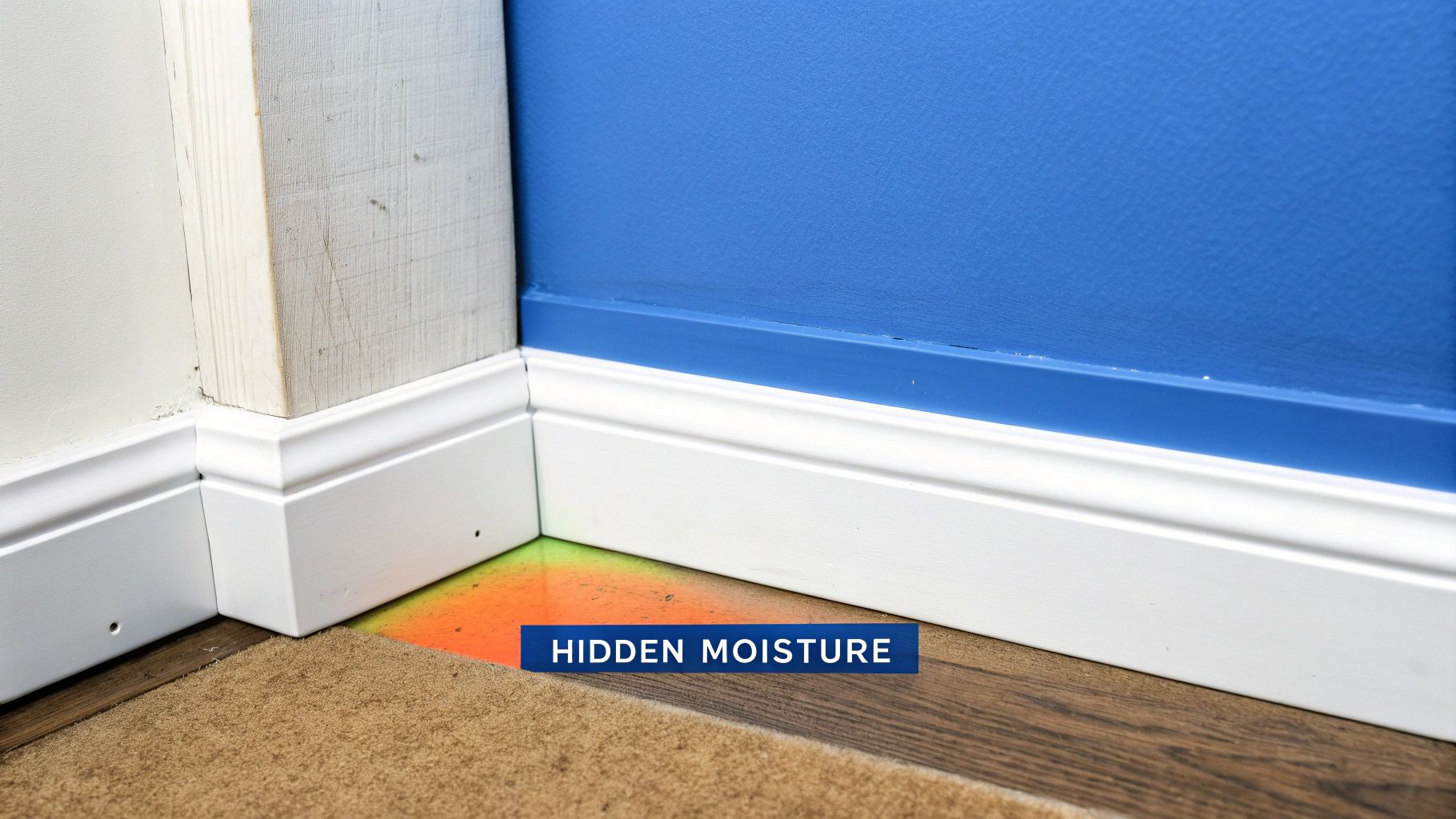 Thermal scan visualization showing hidden moisture on the floor and wall at a room corner.