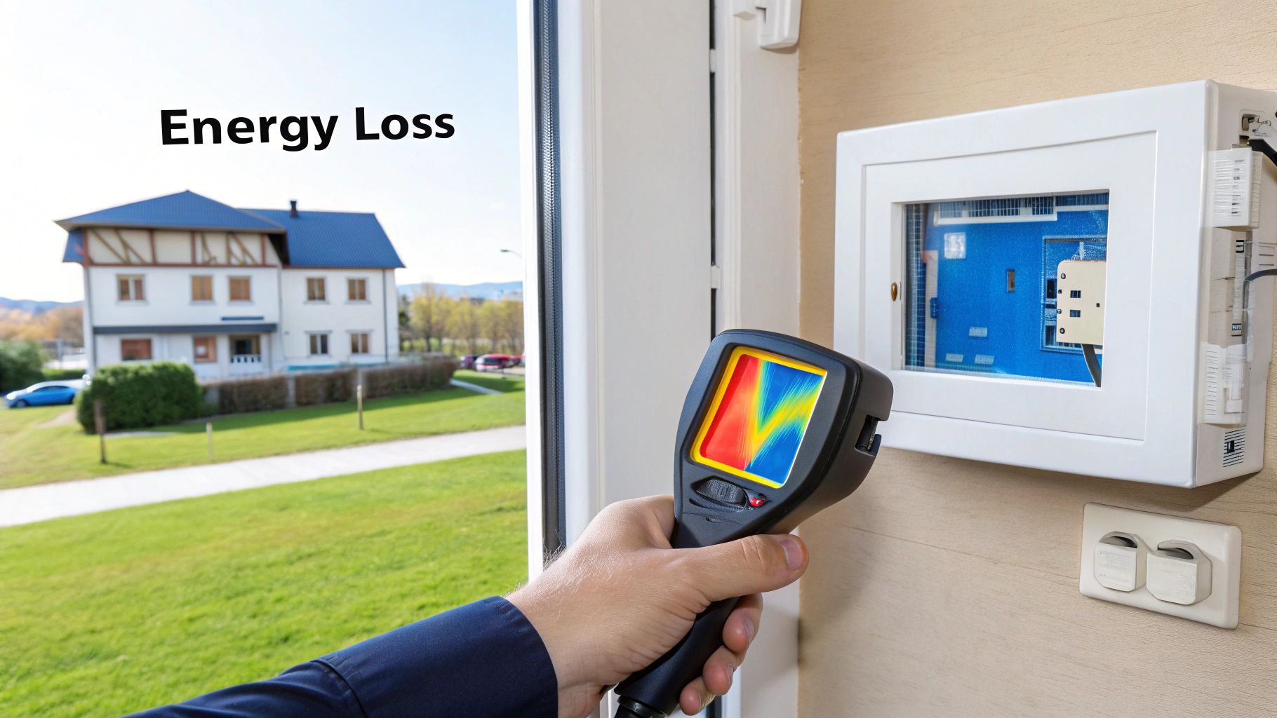 A hand holds a thermal imaging camera, displaying heat patterns, pointed at an electrical panel to detect energy loss.
