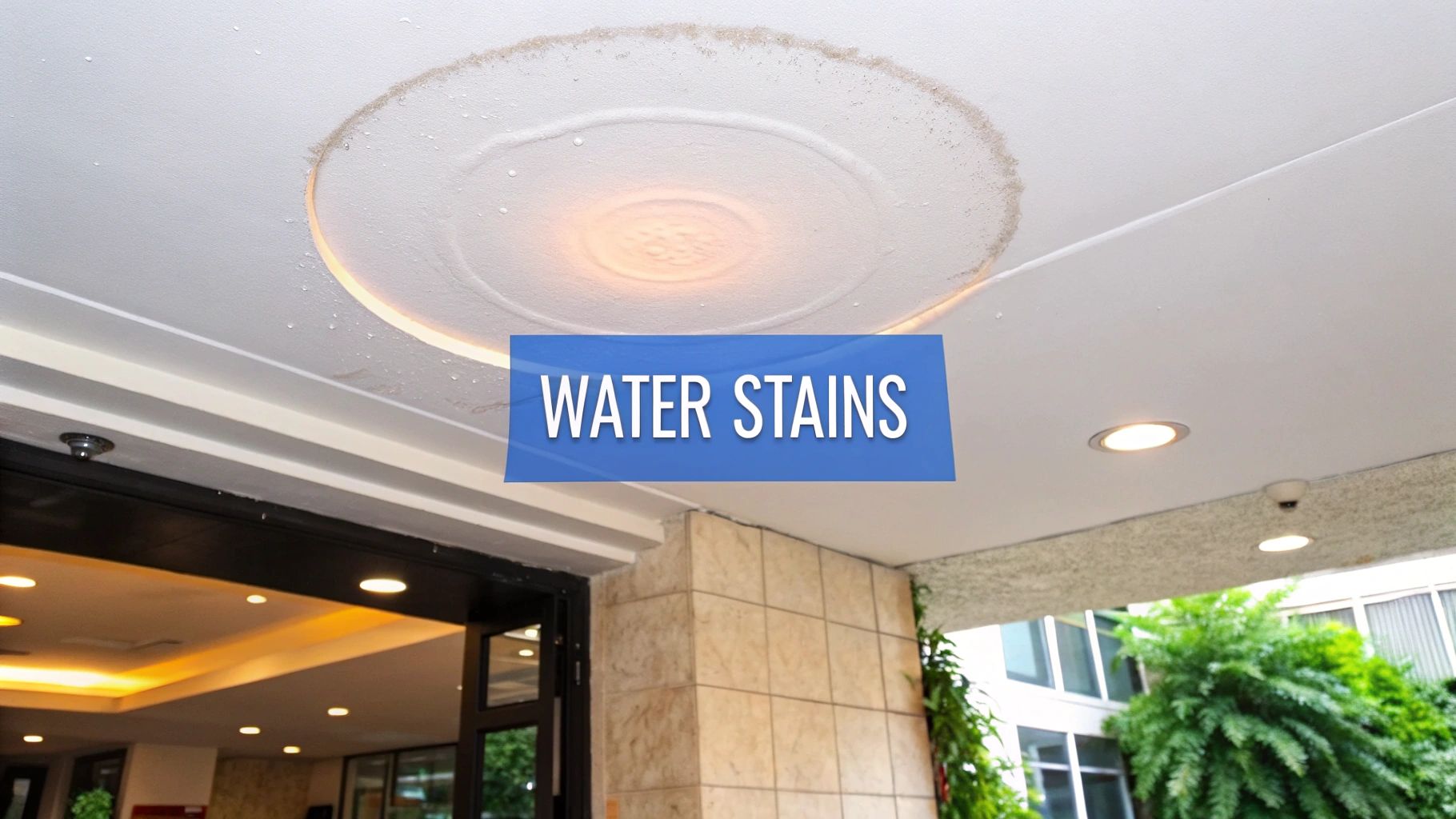 A white ceiling with a prominent circular water stain and active water droplets around a recessed light.