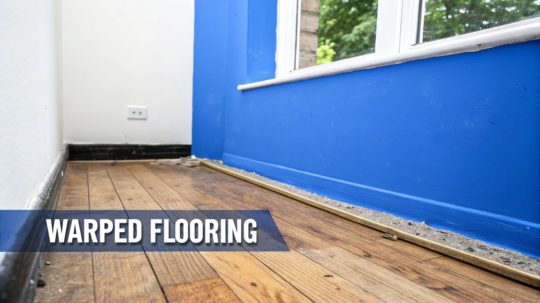 Close-up of warped wooden flooring and damaged trim in a room with blue and white walls.