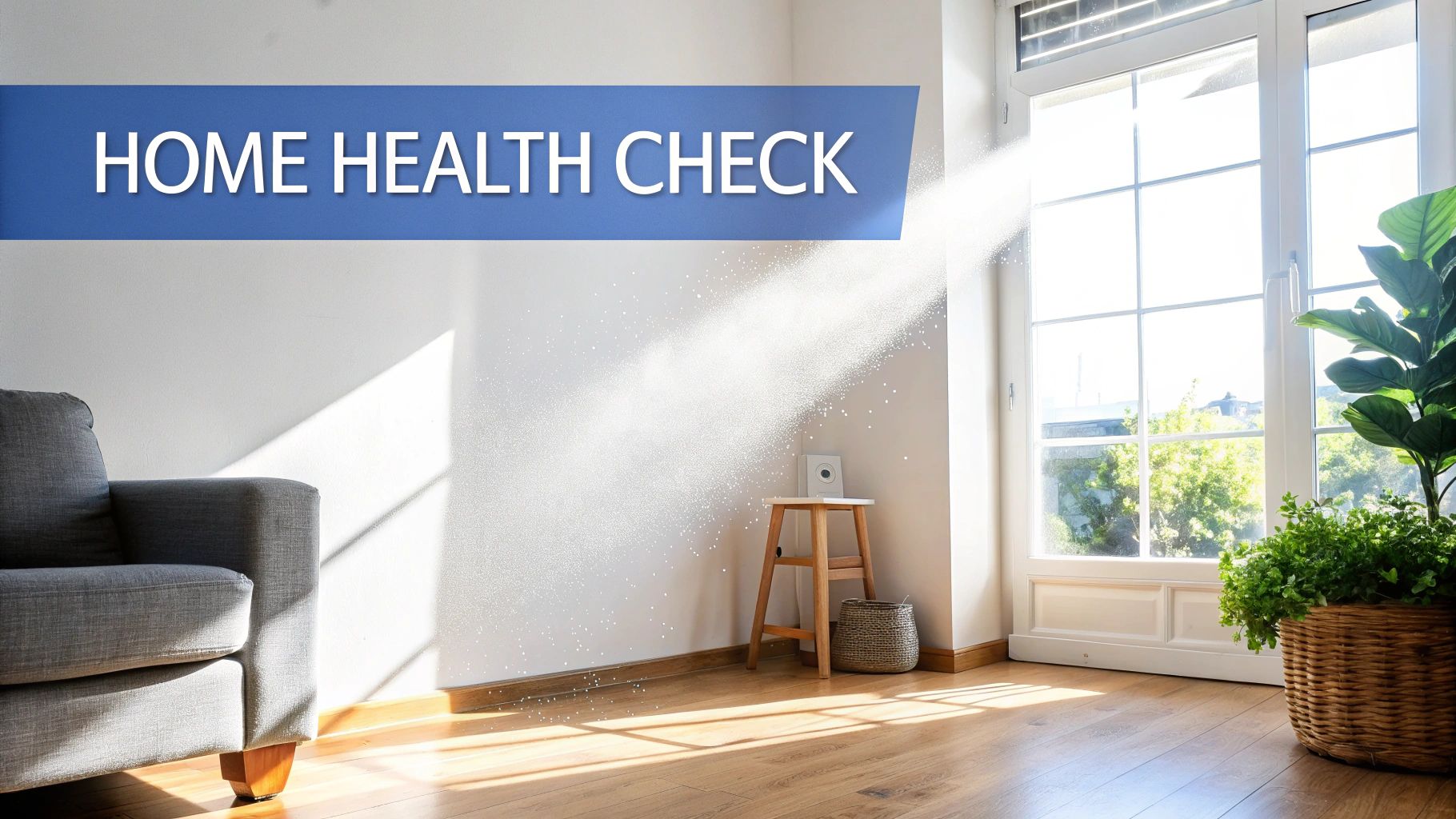 Bright modern living room with sunlight streaming through large windows showing indoor air quality