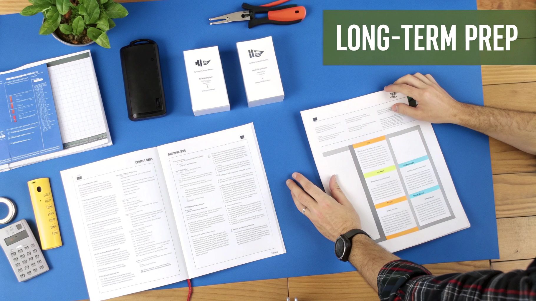 A person's hands reviewing planning documents and tools for long-term preparation on a blue desk.