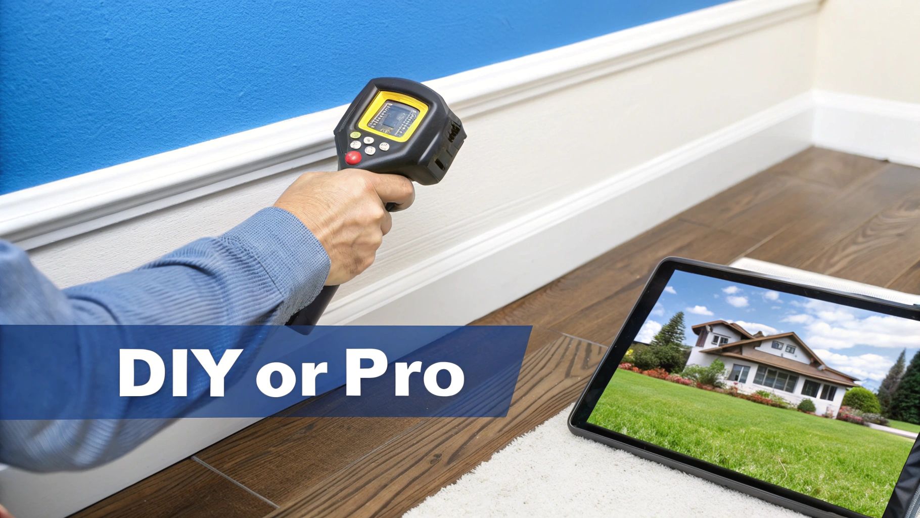 A person uses a moisture meter on a blue wall, a tablet with a house image lies on the floor.