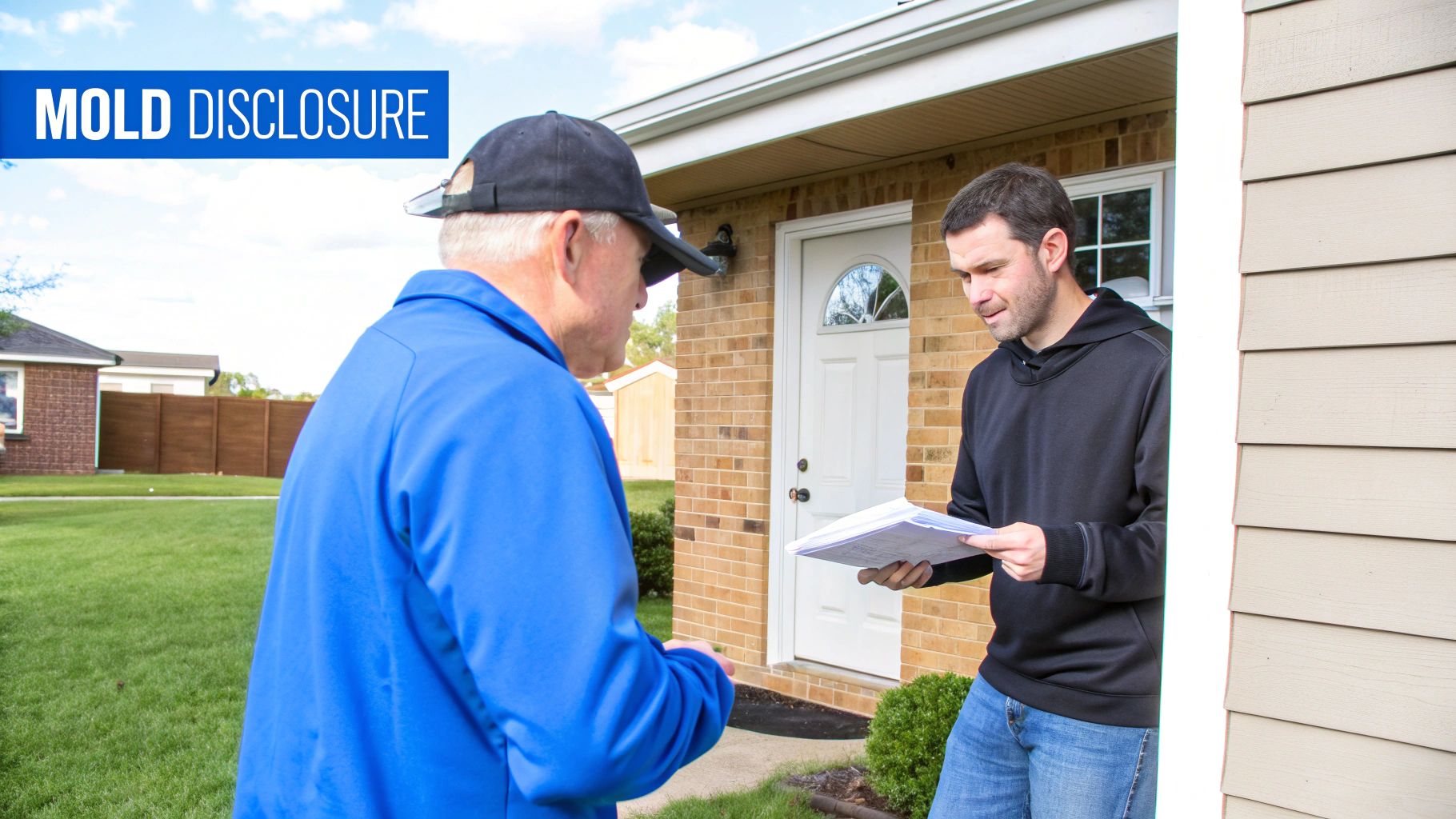Two men discussing mold disclosure documents in front of a brick house, under a clear sky.