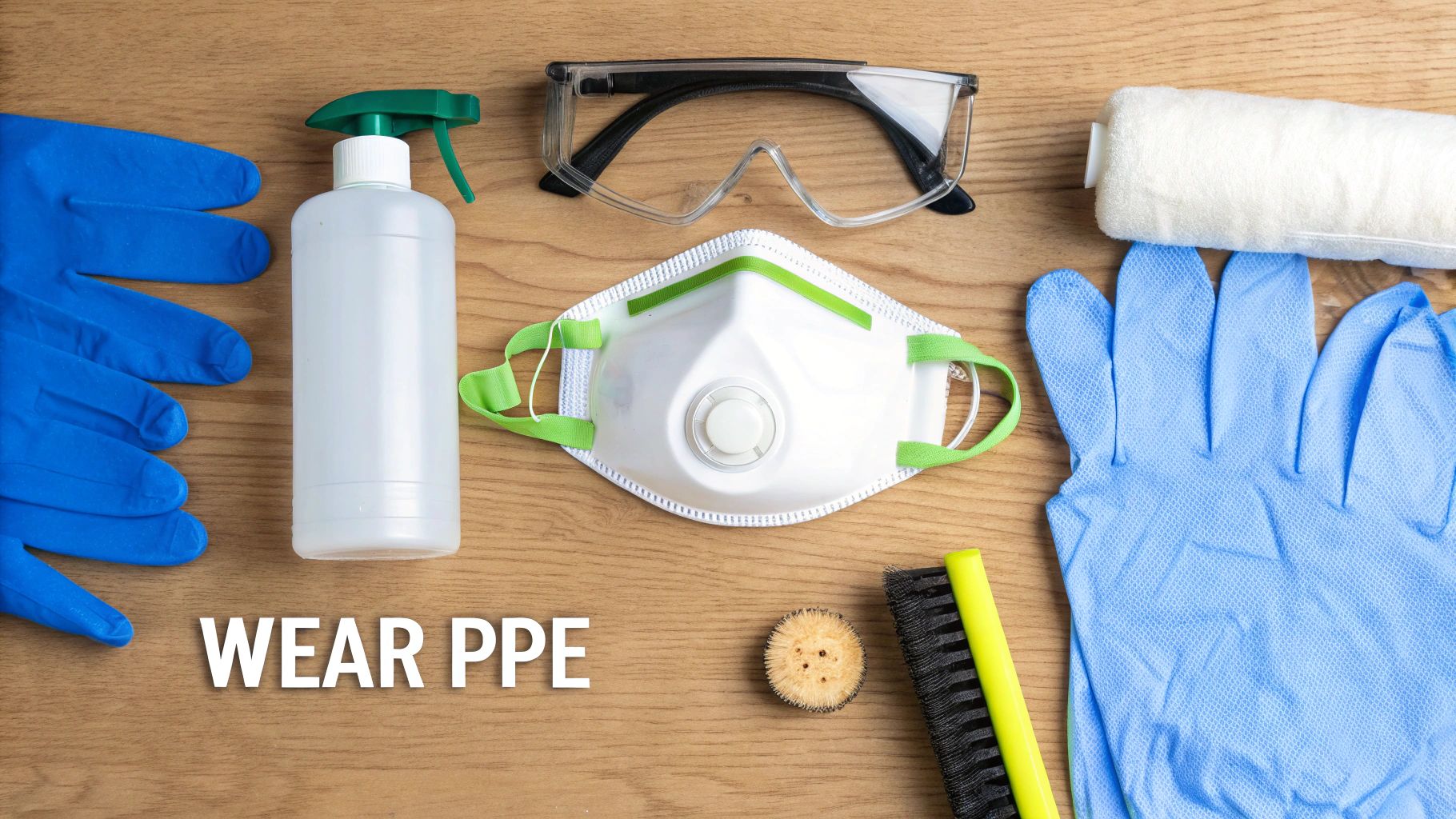 A flat lay of personal protective equipment, including gloves, a mask, goggles, and cleaning supplies on a wooden surface.