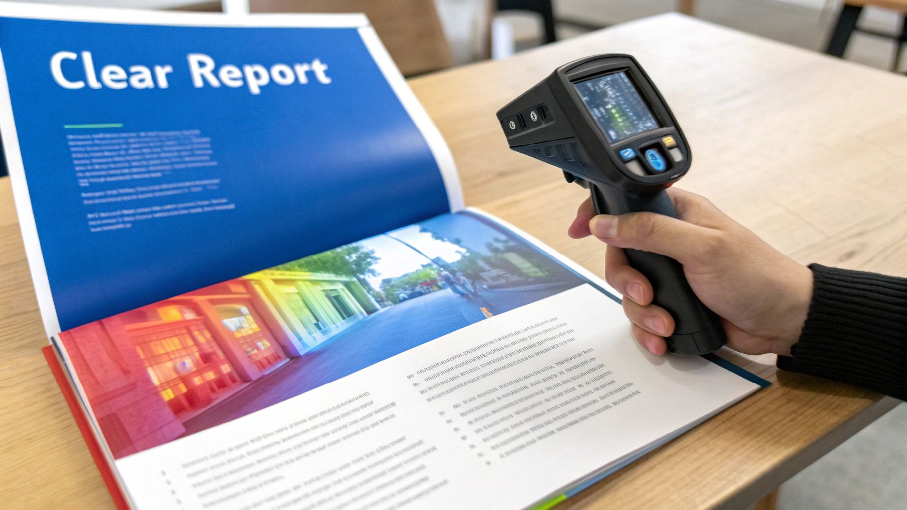 Person using a handheld infrared thermal camera to scan an open 'Clear Report' book.