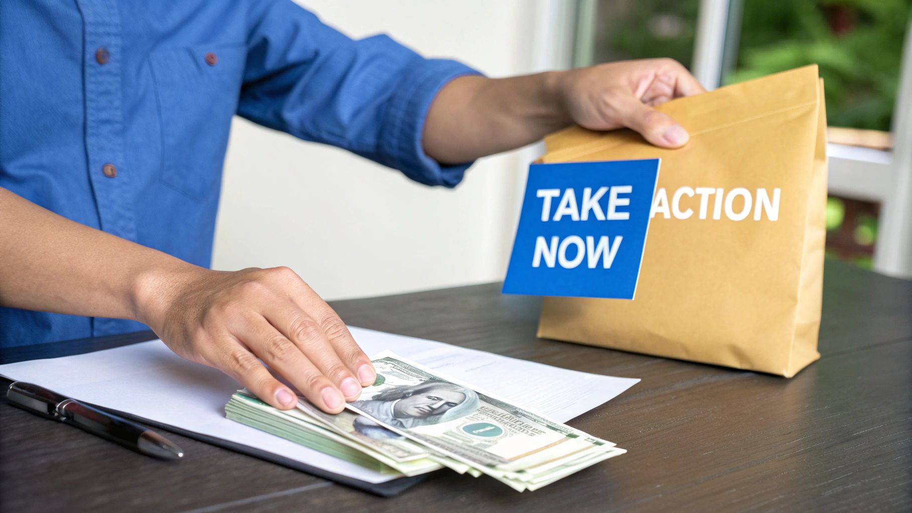 Hands on a desk with money, a pen, a document, and a 'TAKE ACTION NOW' bag.