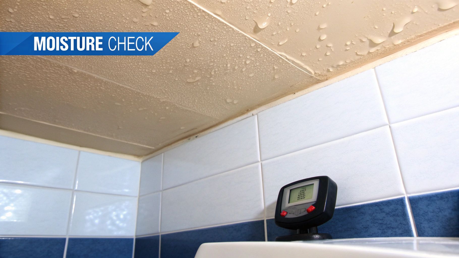 A ceiling covered in condensation above tiled walls and a moisture meter, with a 'MOISTURE CHECK' banner.