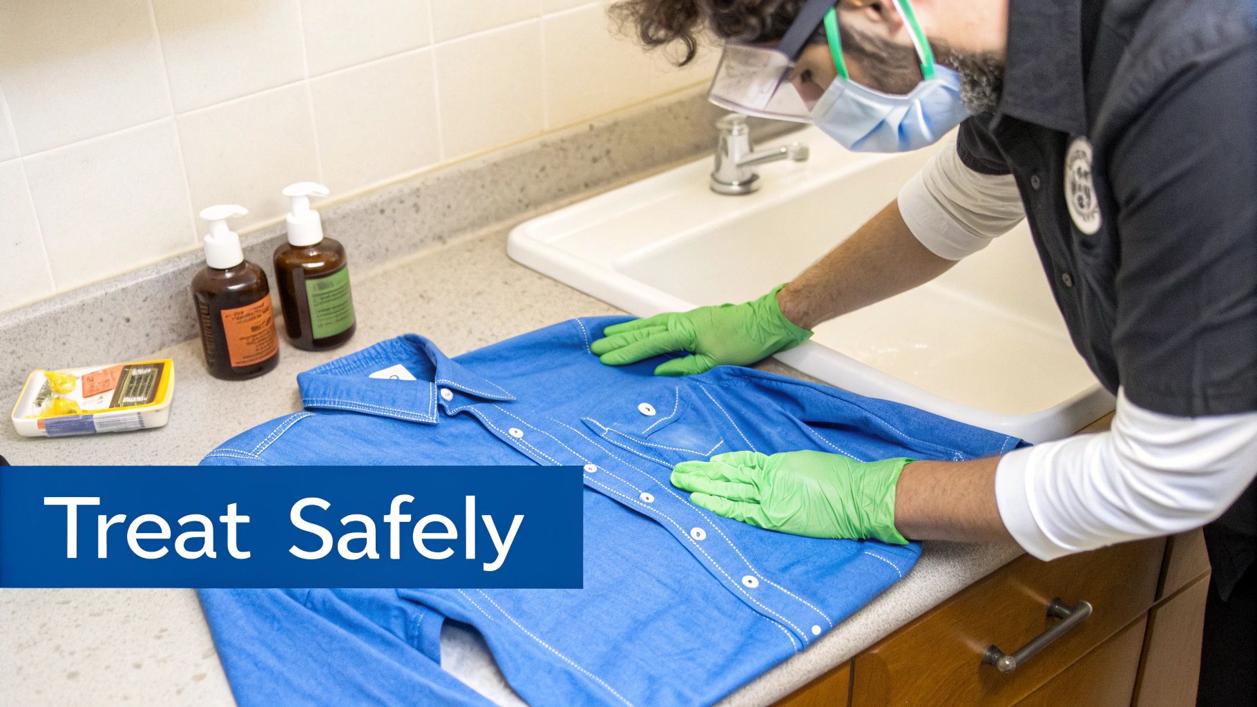 Person in mask, safety glasses, and gloves safely treats a blue shirt on a counter near a sink.