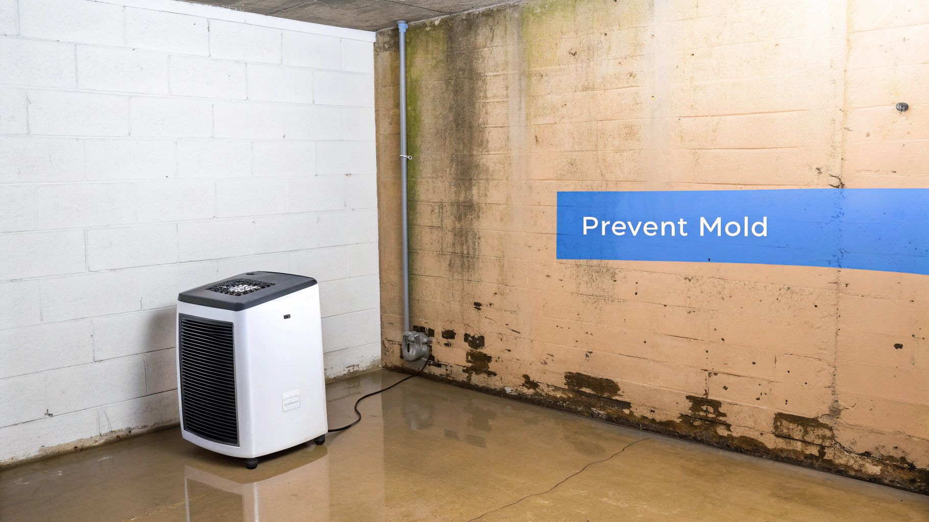 A dehumidifier in a wet basement corner with mold on walls and a 'Prevent Mold' banner.